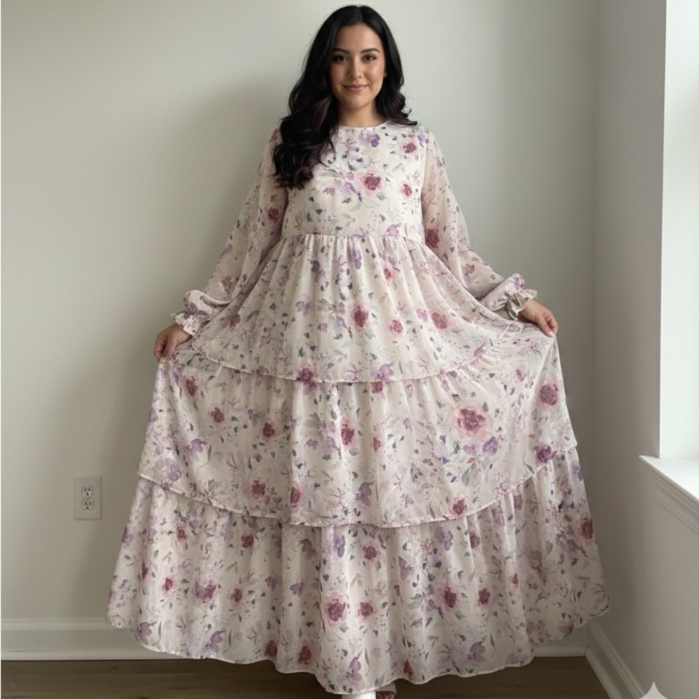 Floral Long Sleeve Ruffle Maxi Dress